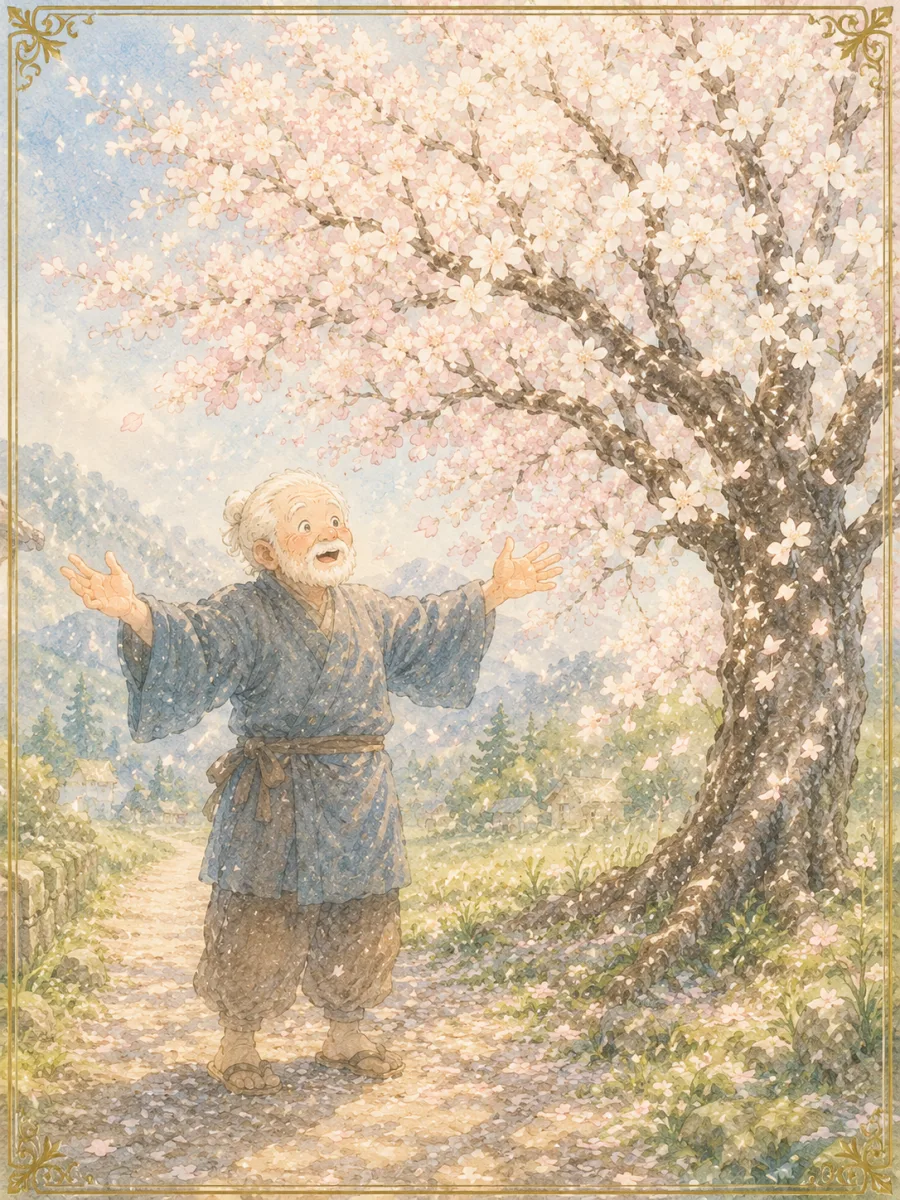 灰を浴びた枯木が一瞬で満開の桜に咲きこぼれ、木の下で両手を広げるおじいさん