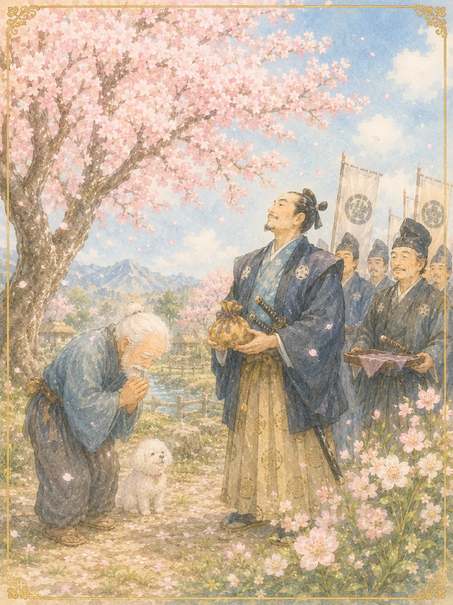 満開の桜の下で殿様が花咲かじいさんに褒美を授け、老人が頭を下げる場面