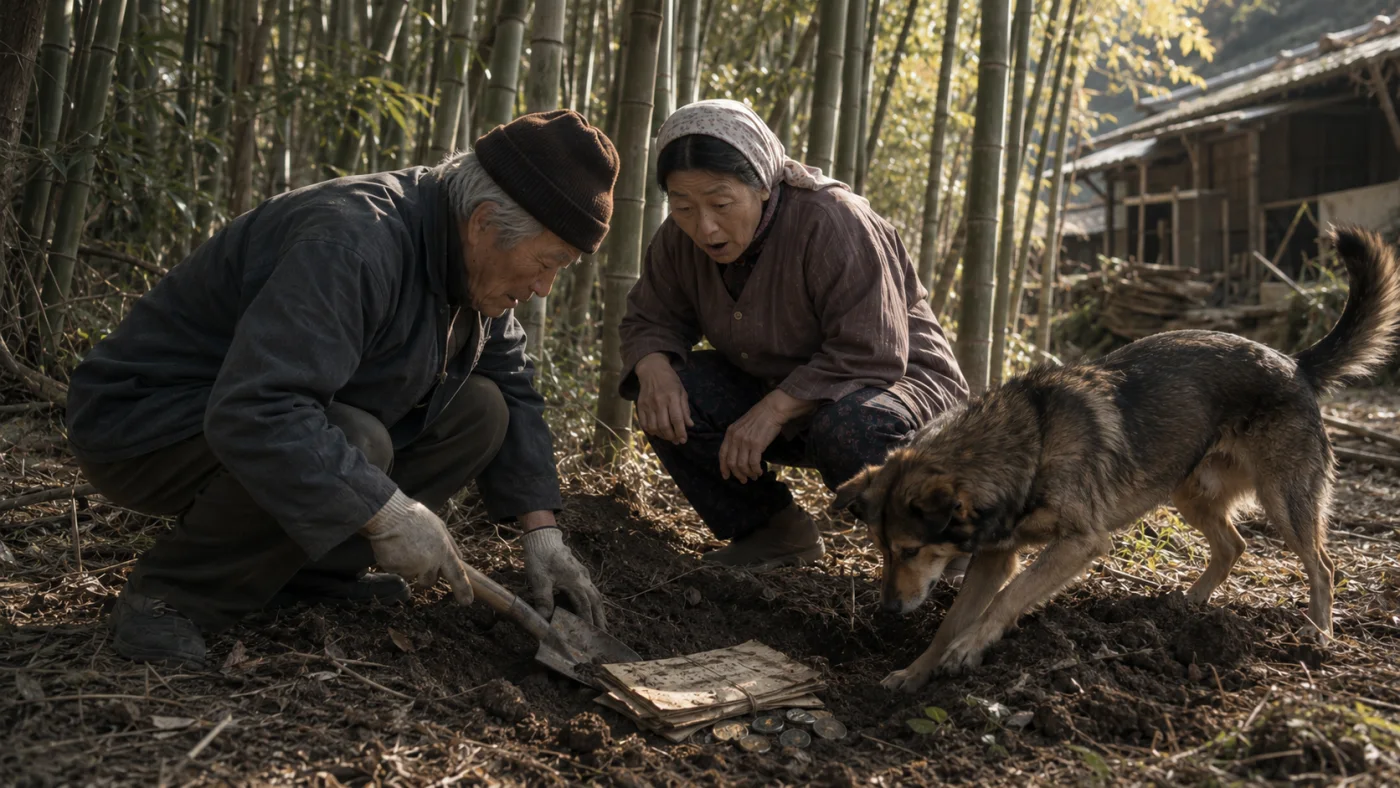 裏の竹やぶで犬が掻いた地面を掘り戦前の書類を見つける三郎