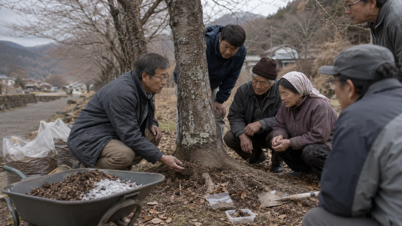 痩せた桜並木の根元の土を診て木灰と腐葉土の手当てを提案する宮本