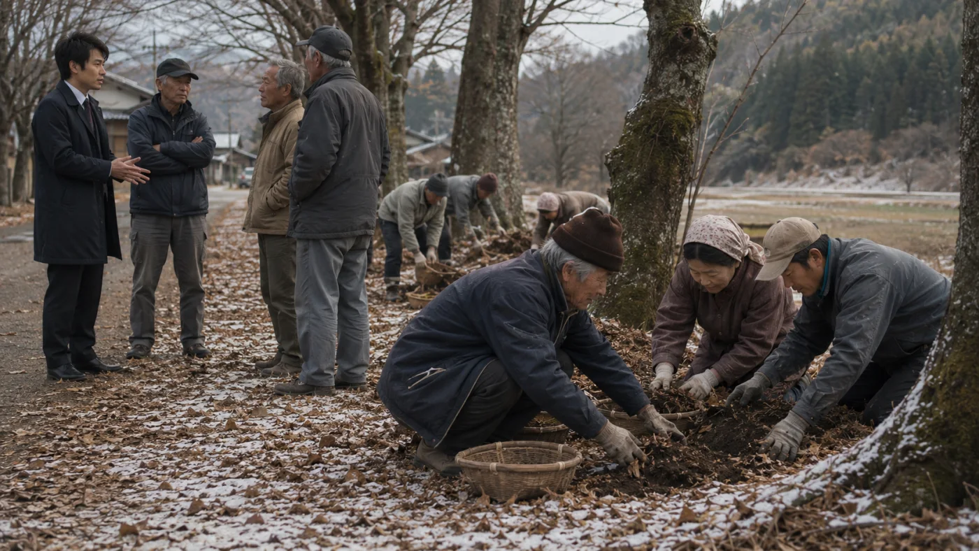 桜並木を買い占めに来た開発業者の男と、根元に灰と腐葉土を運びつづける村人たち