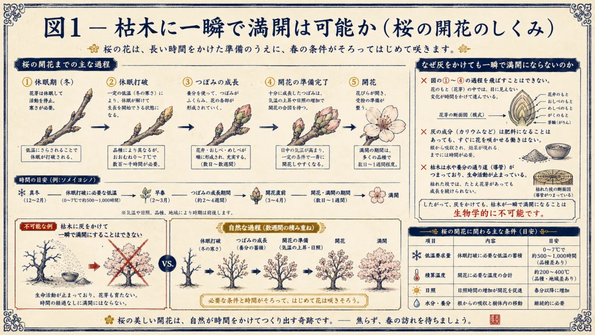 枯木に一瞬で満開は可能か、桜の開花のしくみを検証した図解