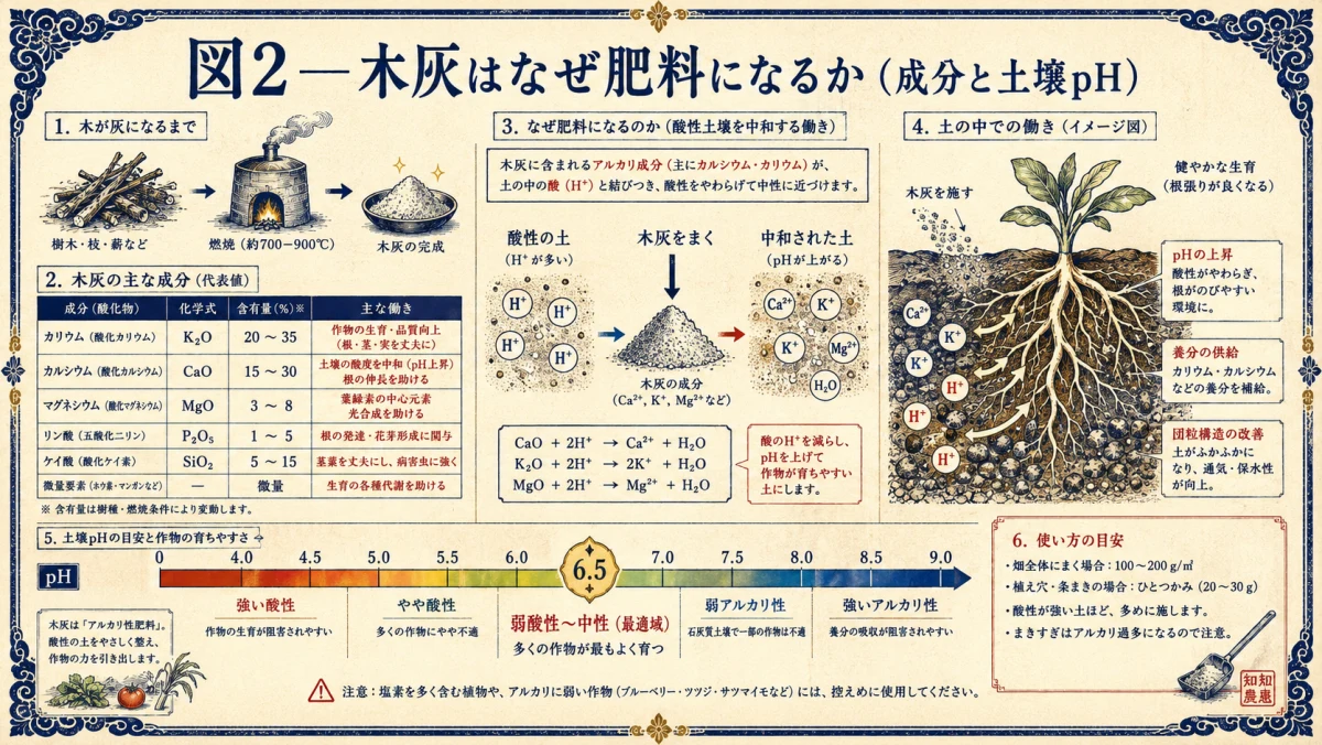 木灰はなぜ肥料になるか、成分と土壌pHを検証した図解