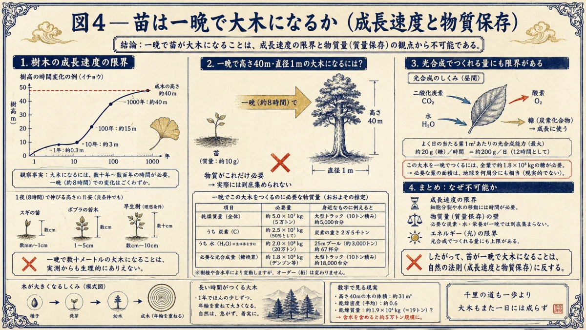 苗は一晩で大木になるか、成長速度と物質保存を検証した図解