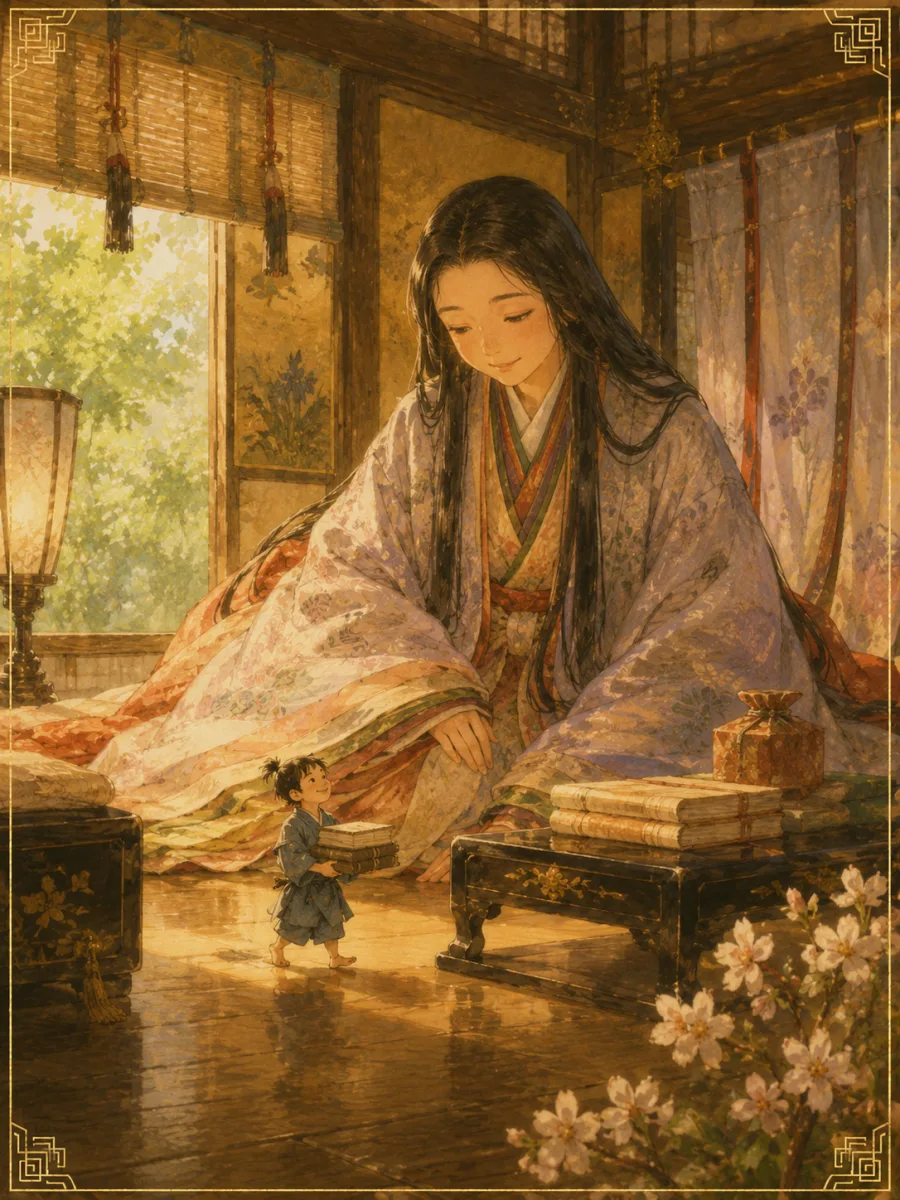 都の屋敷で姫君のそばに仕え書物を運ぶ小さな侍の一寸法師