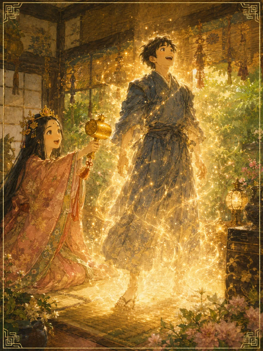 姫君が打ち出の小槌を振ると光に包まれ立派な若武者に伸びあがる一寸法師