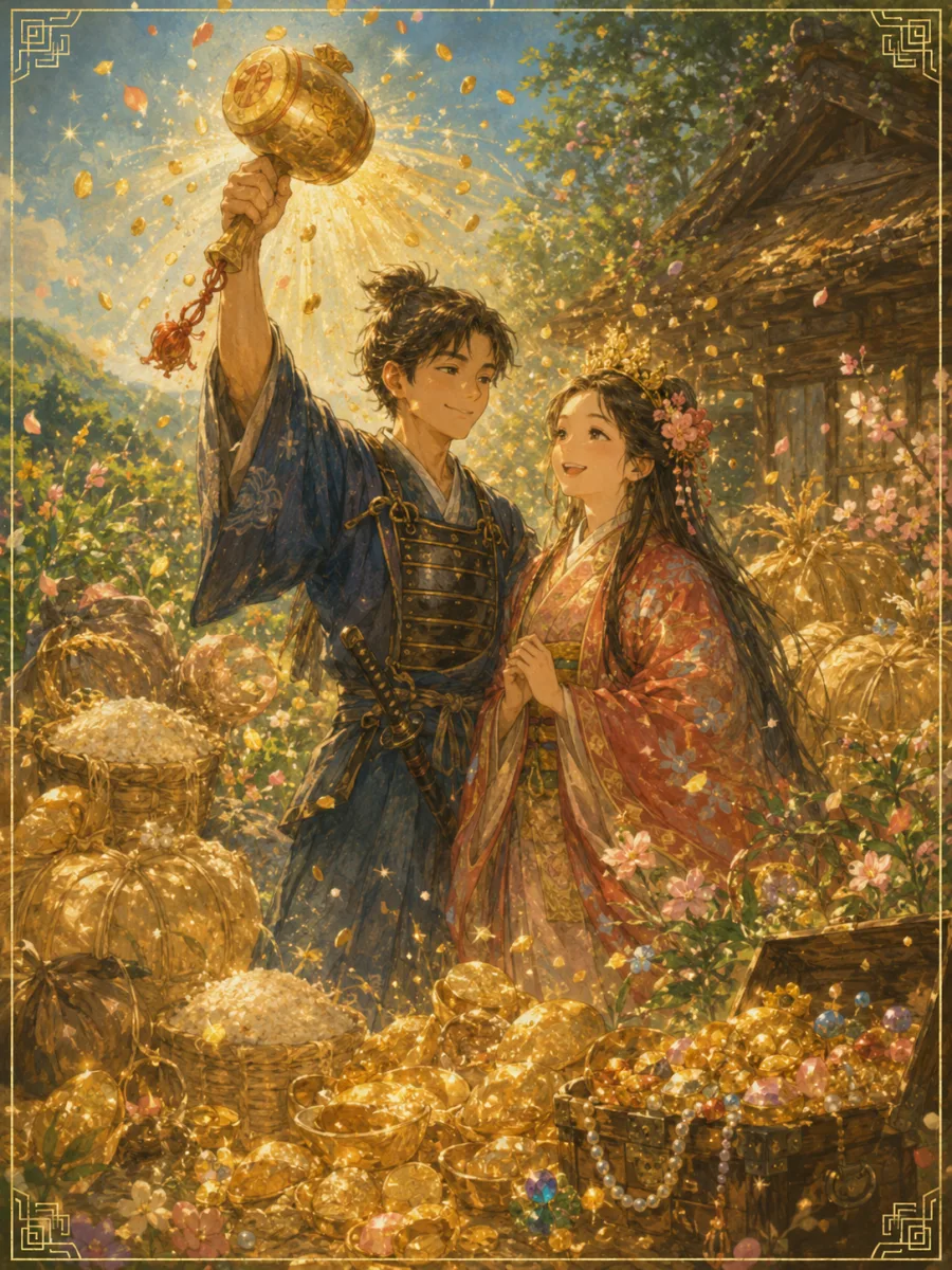 打ち出の小槌から米俵や金銀が湧きでて姫君と夫婦になり栄える一寸法師