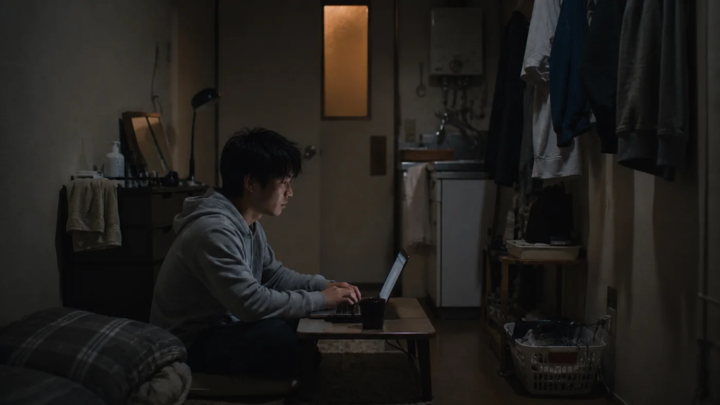四畳半の狭いアパートで夜ノートパソコンに向かいコードを書く知也
