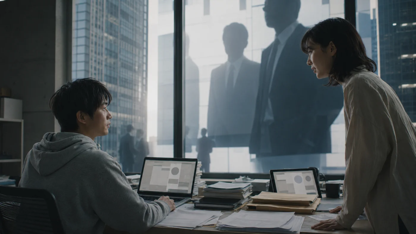 オフィスのガラス越しに映る大手企業のスーツの男たちの影と、身構える知也と春菜