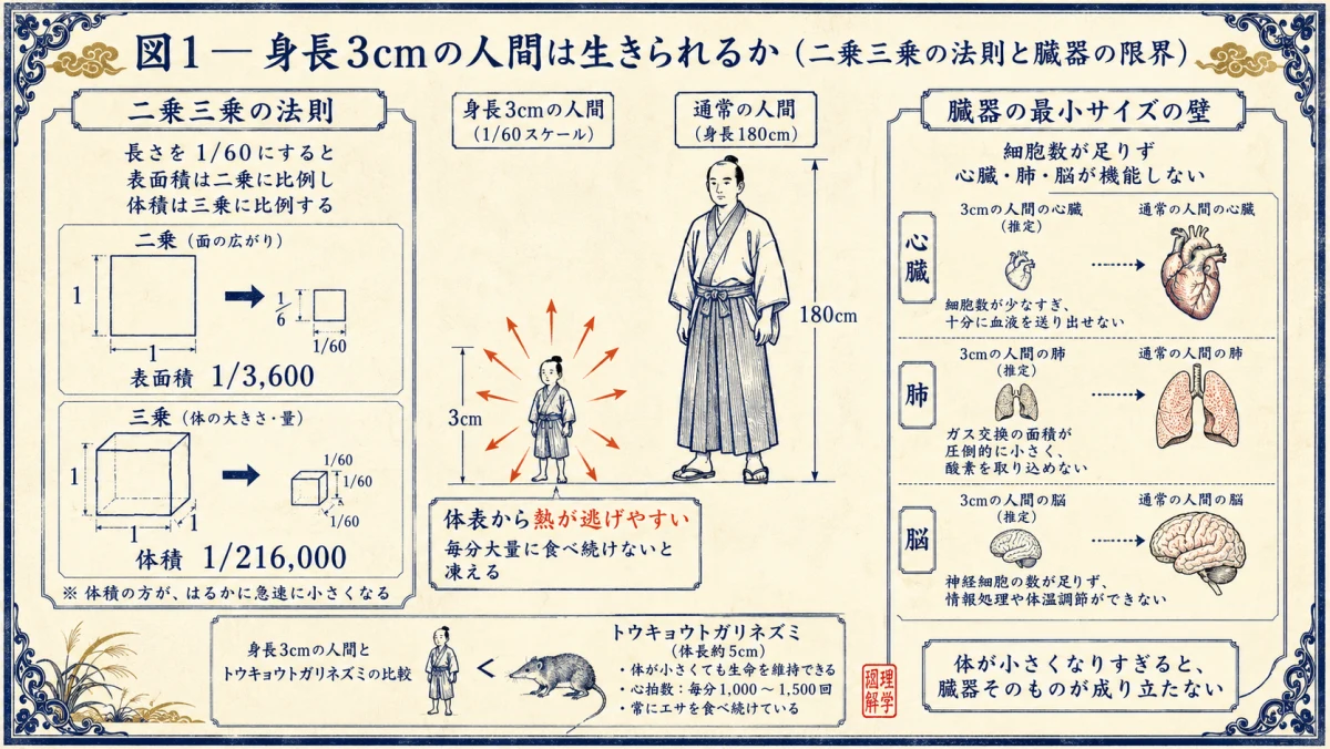 身長3cmの人間は生きられるか、二乗三乗の法則と臓器の限界を検証した図解