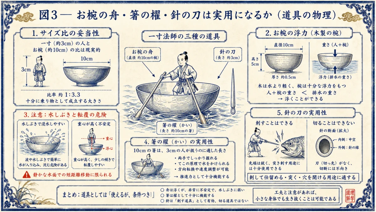 お椀の舟・箸の櫂・針の刀は実用になるか、道具の物理を検証した図解