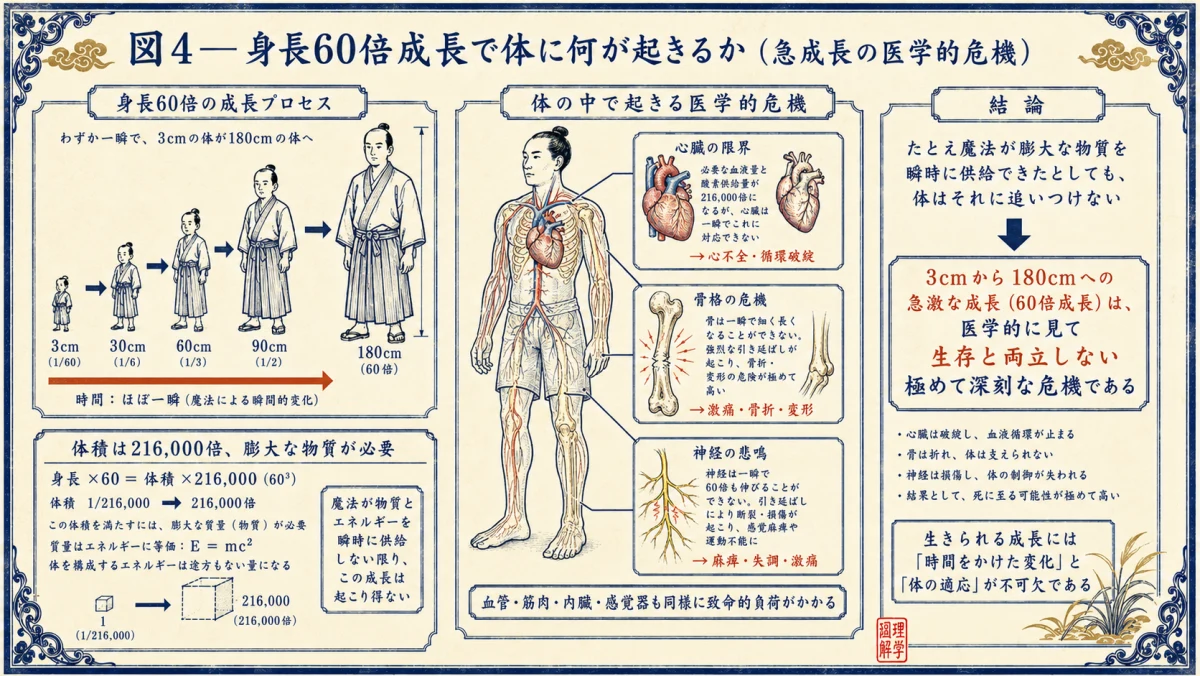 身長60倍成長で体に何が起きるか、急成長の医学的危機を検証した図解