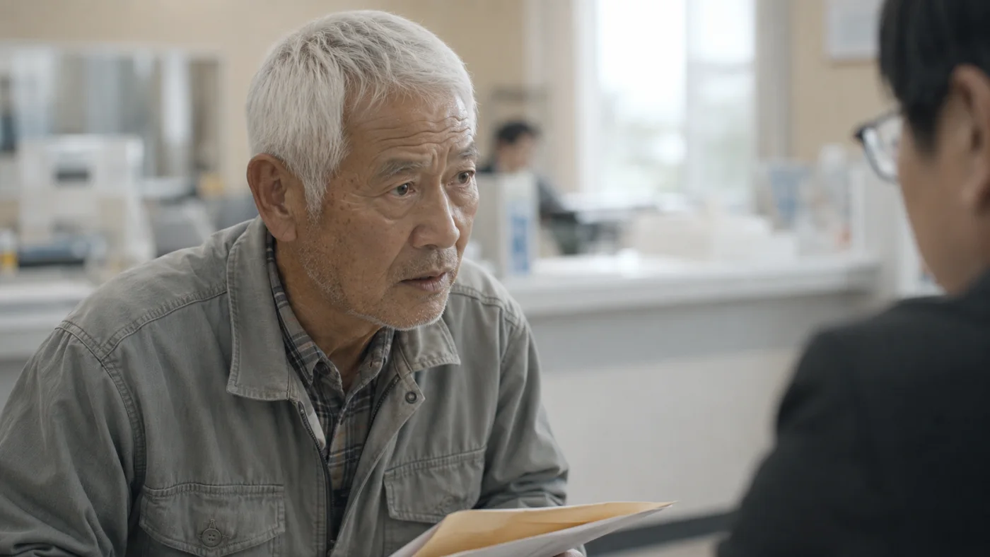 役場の窓口で「そんな委託事業はない」と告げられ怪訝な表情の耕作