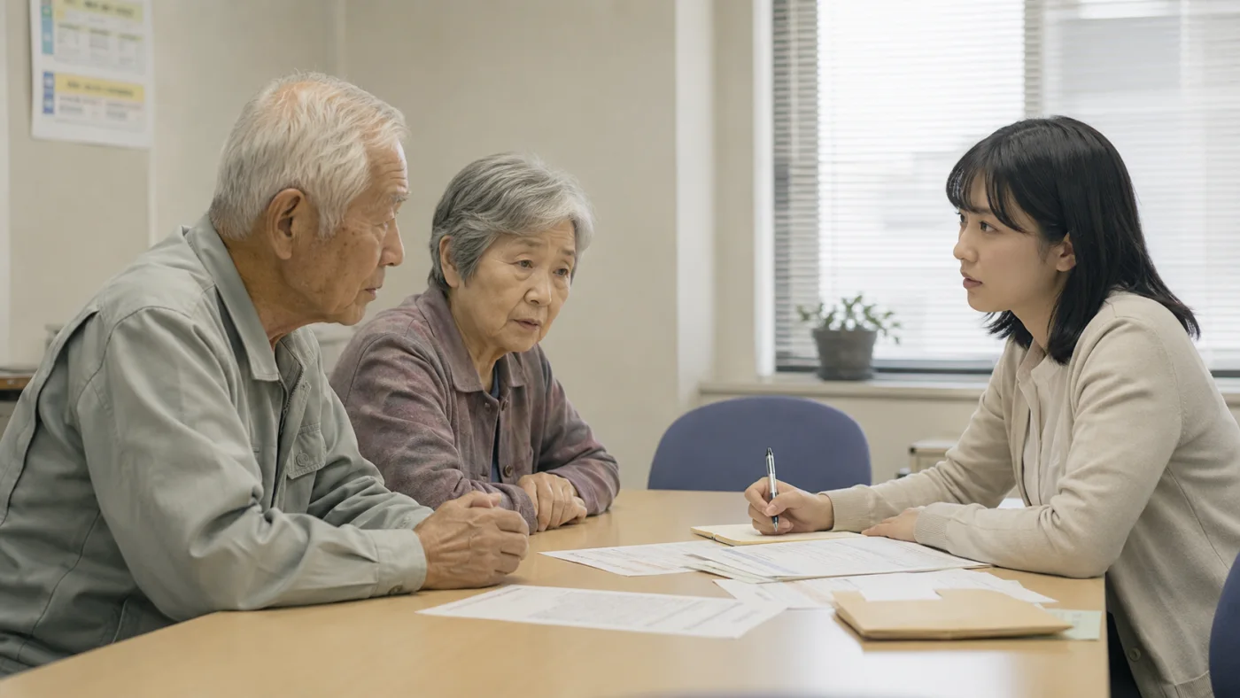 消費生活センターで老夫婦の相談に粘り強く応じ記録を取る若い相談員の宇佐見