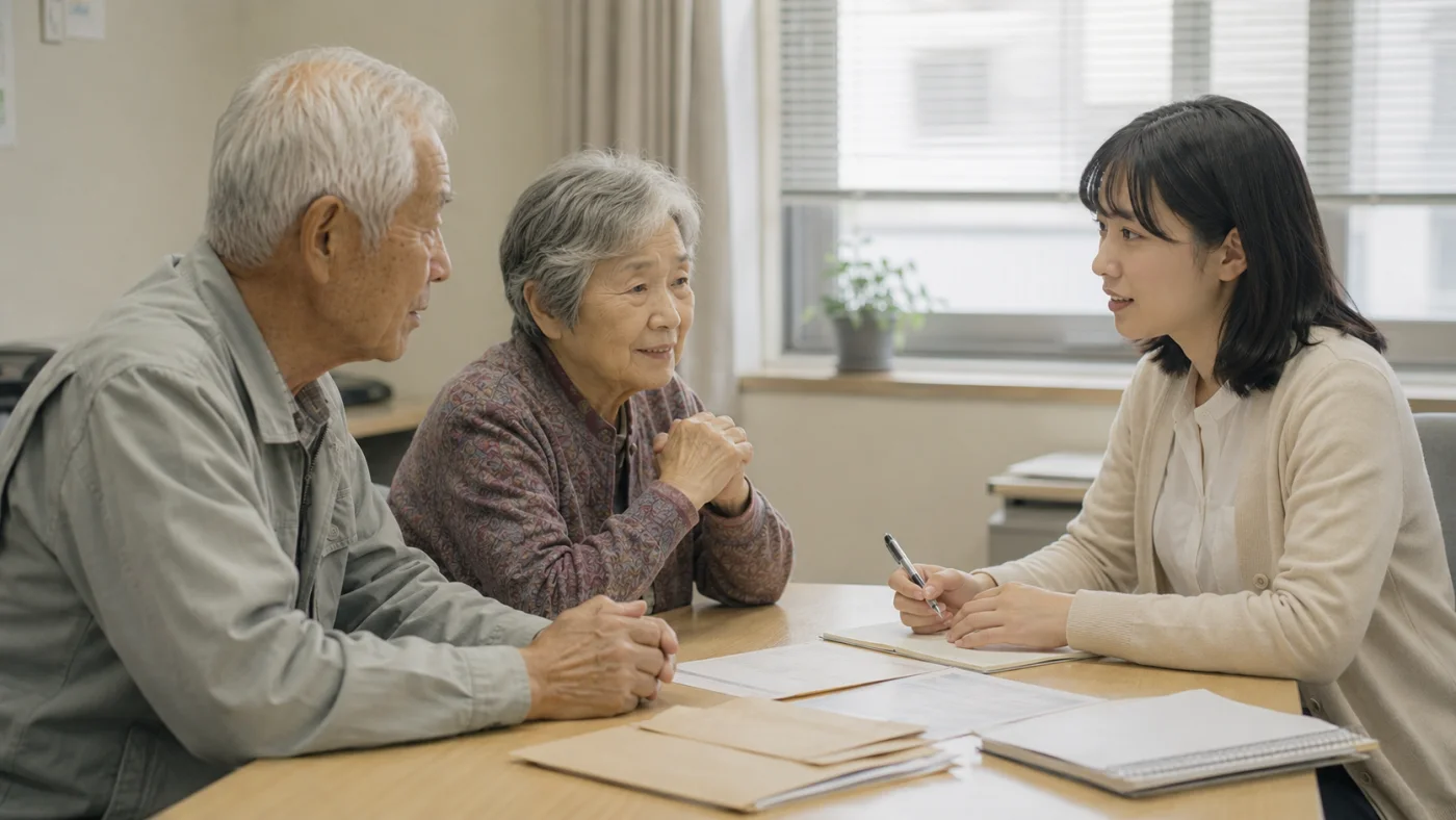 詐欺が明るみに出たあと老夫婦に穏やかに語りかける相談員