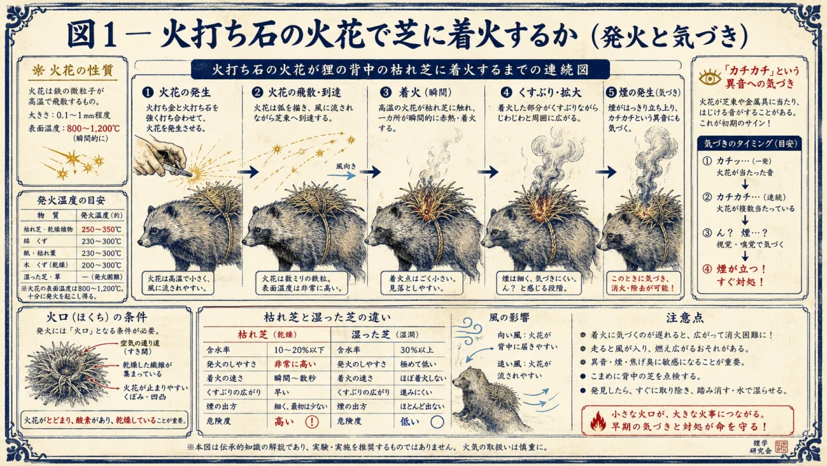 火打ち石の火花で芝に着火するか、発火と気づきを検証した図解