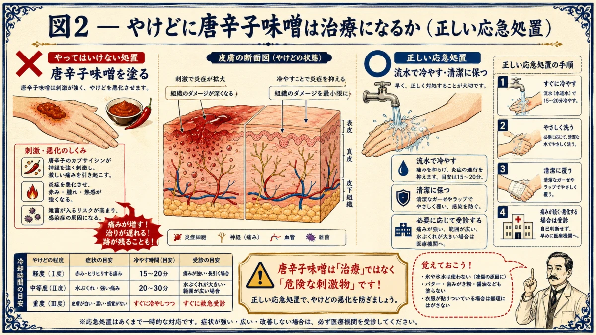 やけどに唐辛子味噌は治療になるか、正しい応急処置を検証した図解