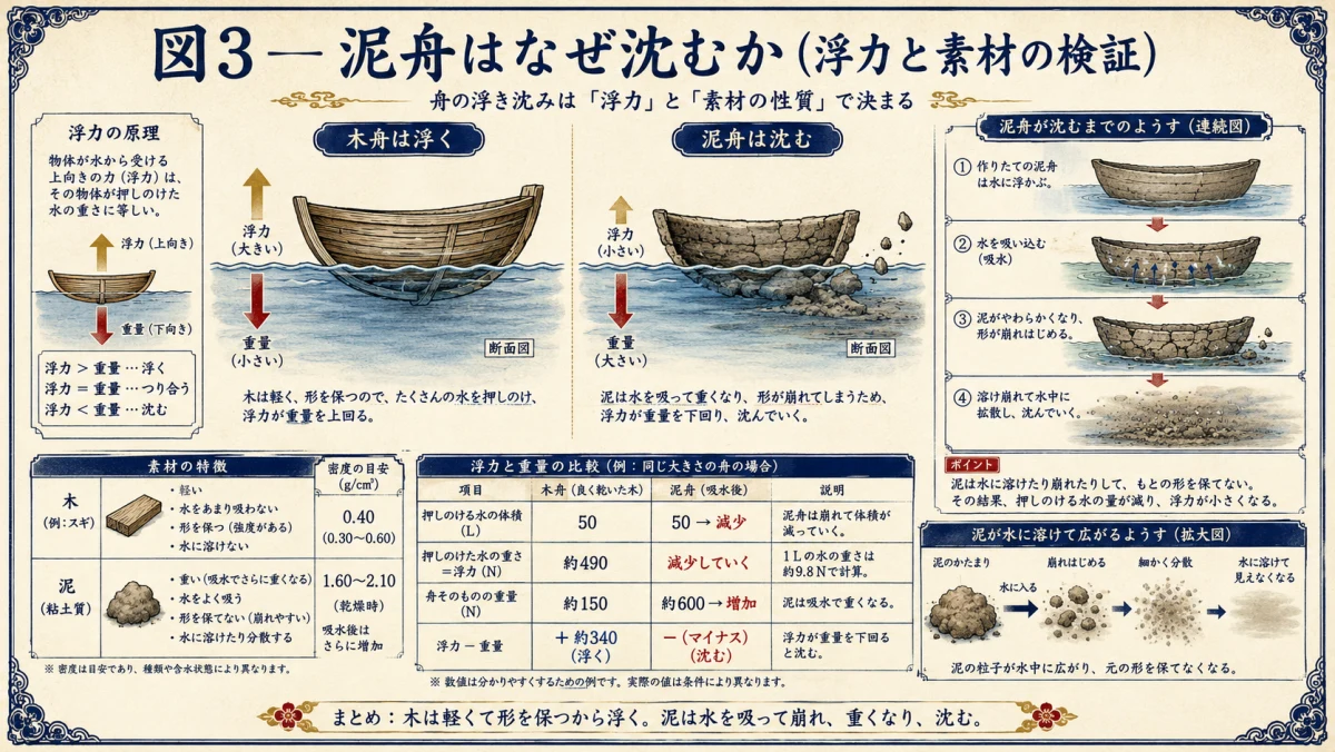 泥舟はなぜ沈むか、浮力と素材を検証した図解