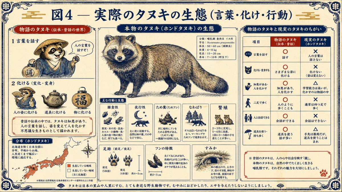 実際のタヌキの生態、言葉・化け・行動を昔話と比べた図解