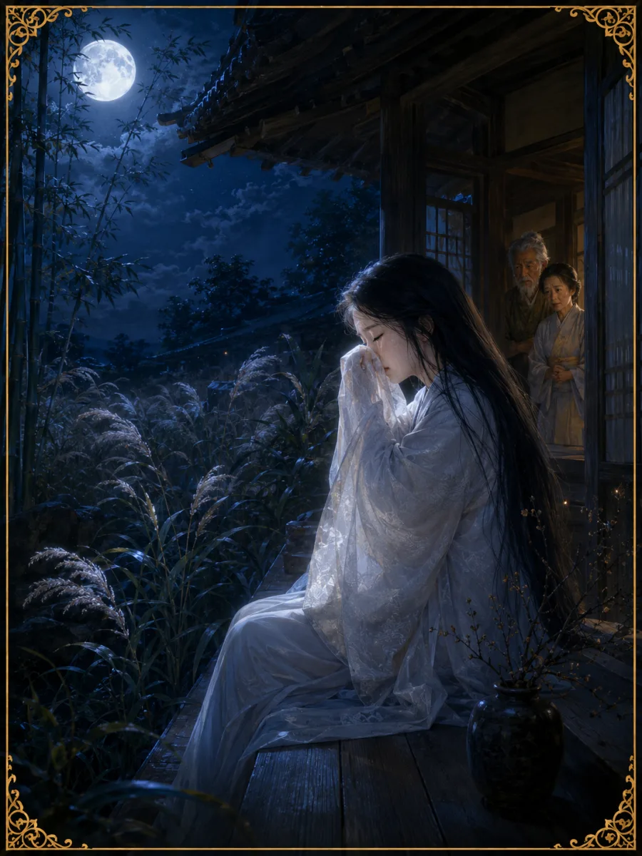 縁側で月を見上げ、袖で涙をぬぐって泣くかぐや姫