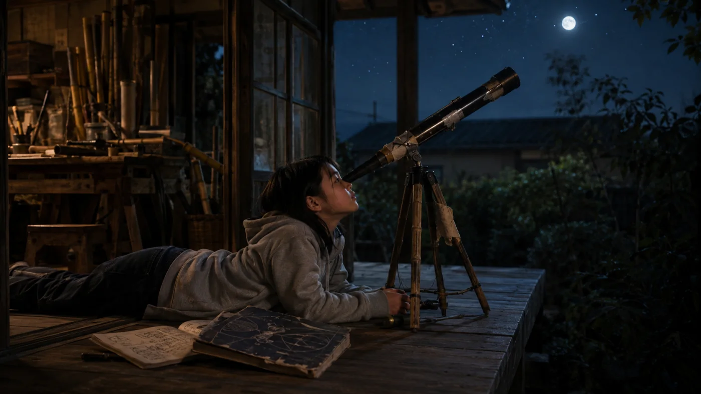 民家の縁側に寝転び自分で直した望遠鏡で月と星を見上げる少女かぐや