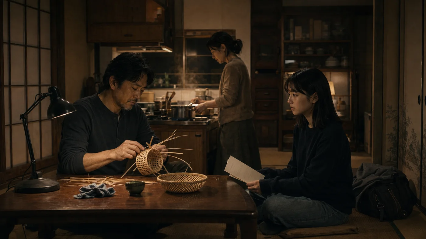旅立ちの前夜、灯りの下で小さな竹籠を編む父と煮物を作る母、手紙を手にするかぐや