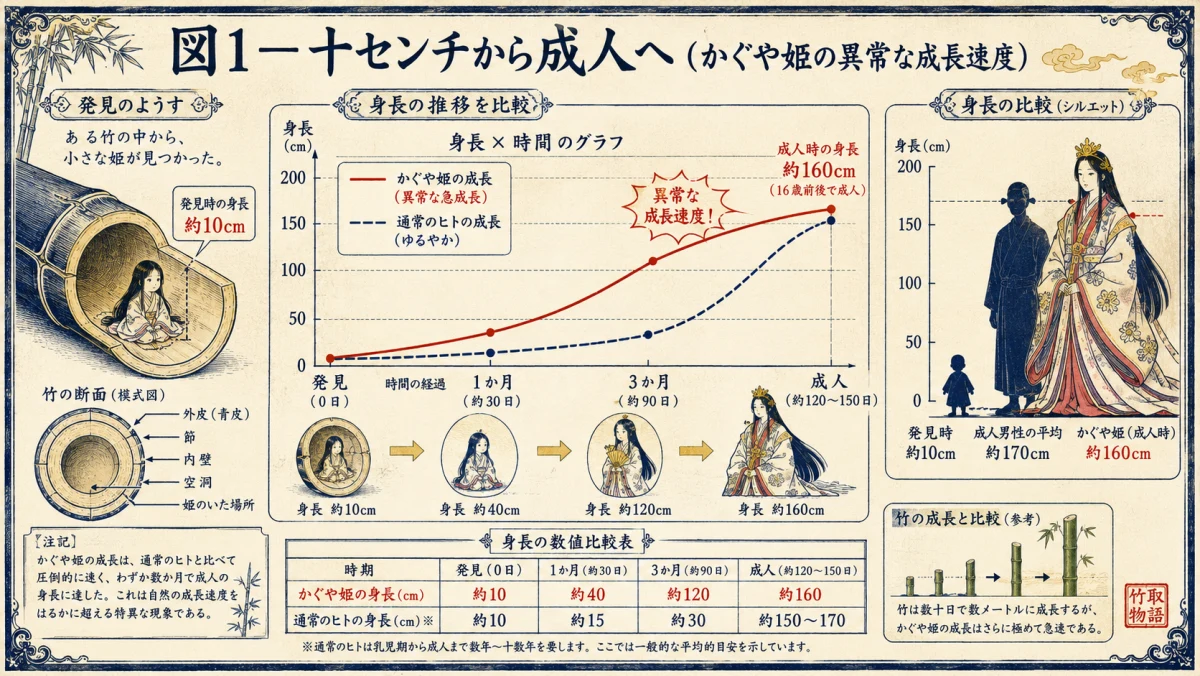 十センチから三月で成人へ・かぐや姫の成長速度を検証した図解