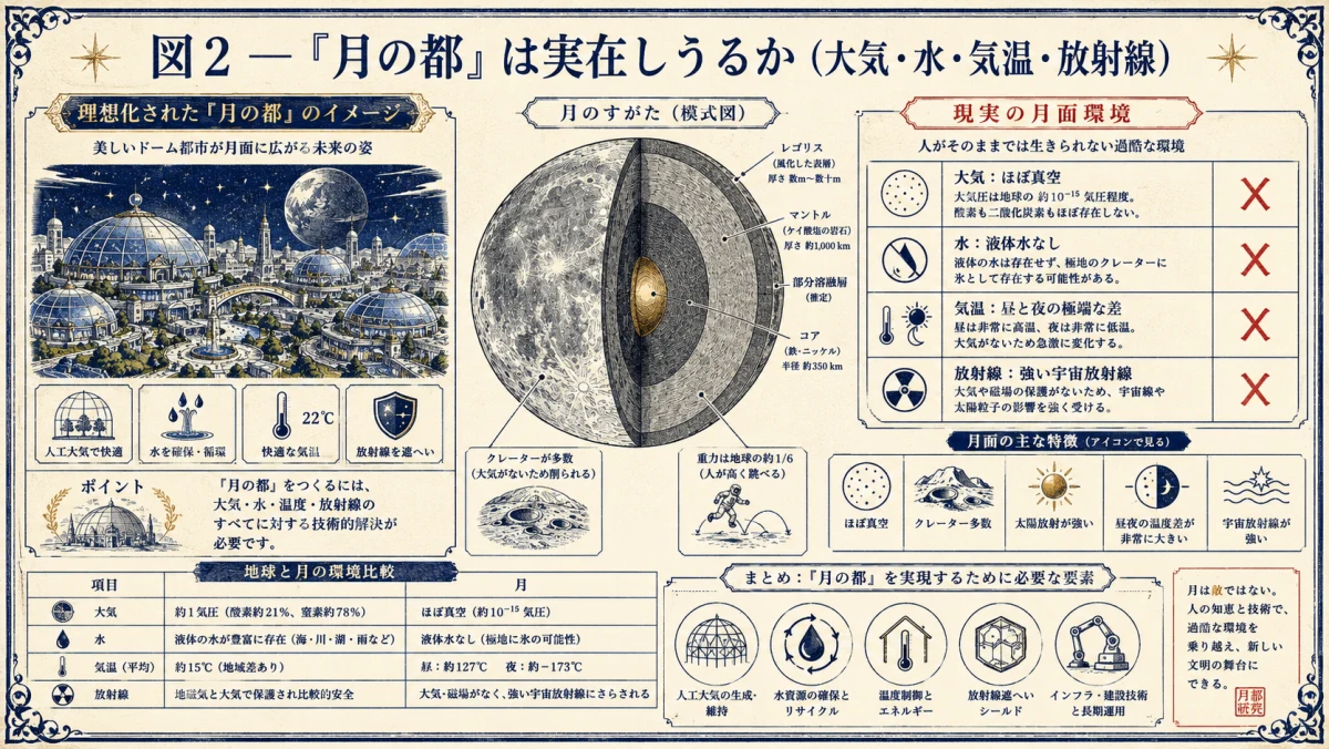 月の大気・水・気温・放射線から「月の都」の実在可能性を検証した図解