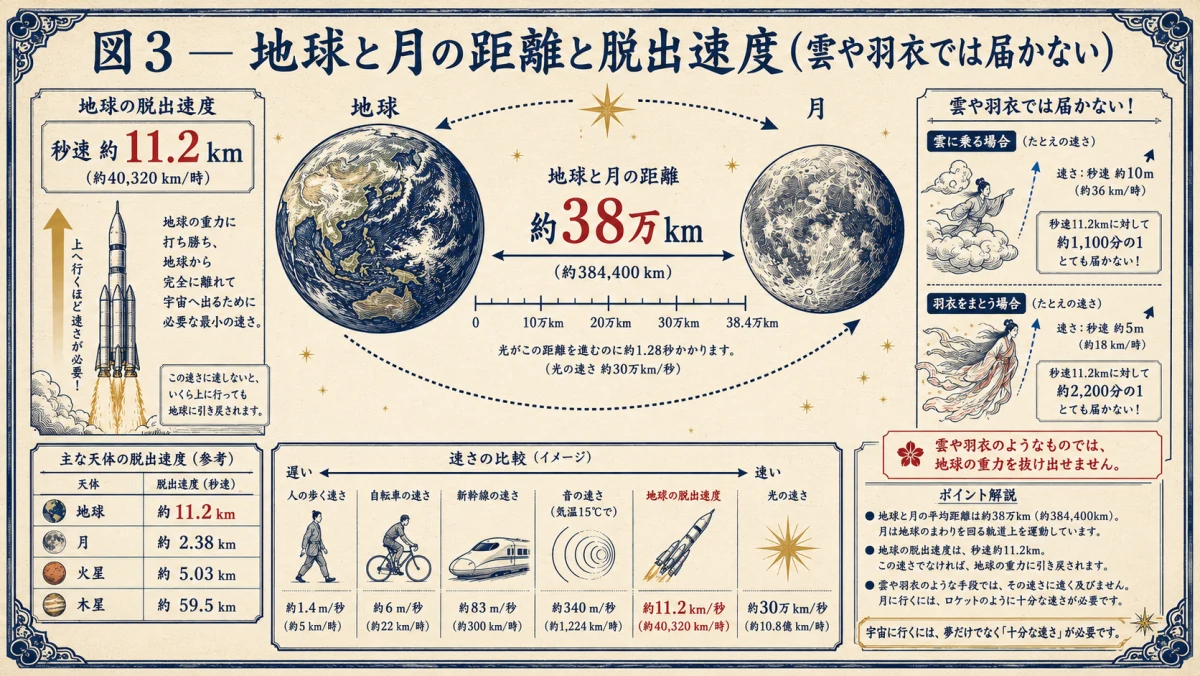 地球と月の距離・脱出速度から雲や羽衣での移動を検証した図解