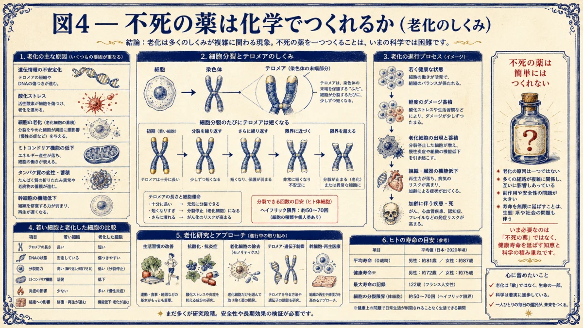 老化のしくみから不死の薬が化学でつくれるかを検証した図解