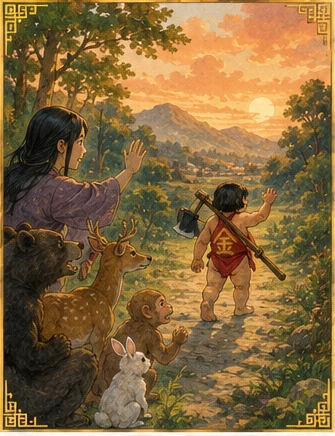 山を下りて都へ旅立つ金太郎を母の山姥と山の動物たちが見送る場面