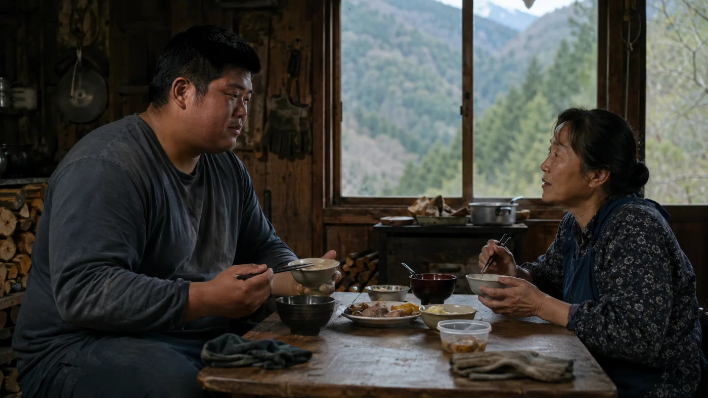 群馬の山あいの古い山小屋で母の静子と食卓に向かう大柄な青年の剛