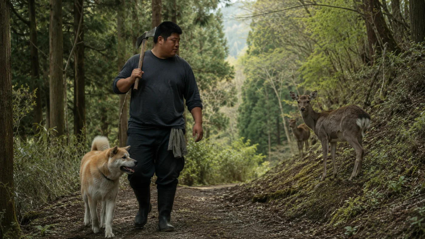 斧を担ぎ作業犬ベンと山道を歩く剛と、逃げずにいる鹿