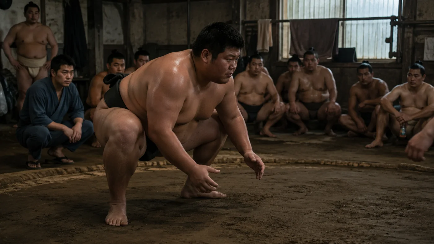 相撲部屋の稽古場でまわし姿で構える剛と見守る親方や兄弟子たち