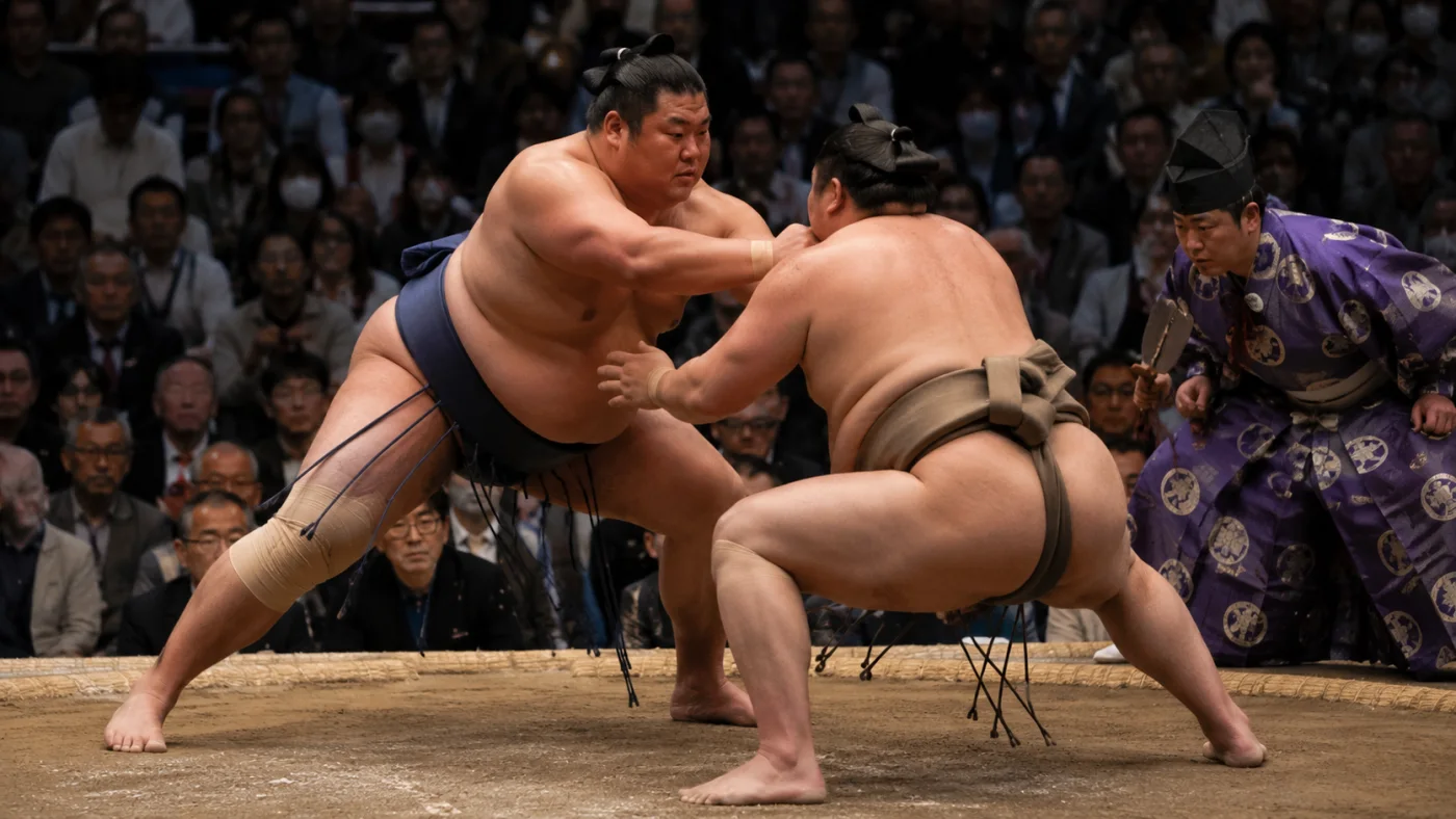 本場所の土俵で四股名「金時山」として相撲を取る大柄な力士と行司と観客