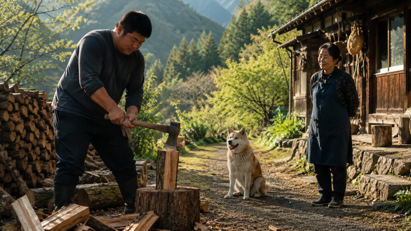 群馬の実家で薪を割る剛と、そばに座る作業犬ベンと見守る母