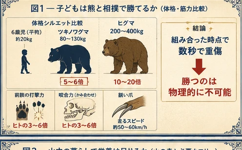 子どもは熊と相撲で勝てるか、体格と筋力を比較した図解