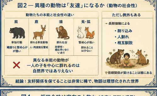 異種の動物はひとりの子どもの友達になるか、動物の社会性を検証した図解