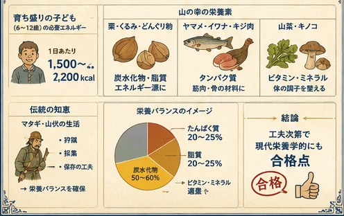 山中の暮らしで栄養は足りるか、山の幸と必要カロリーを検証した図解