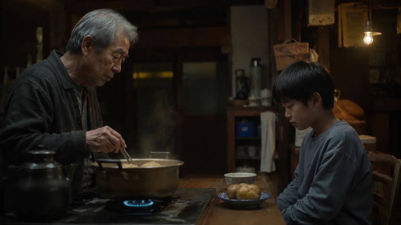 夜の台所でじゃがいもを煮る義雄と、打ち明け話をする無口な少年・太朗