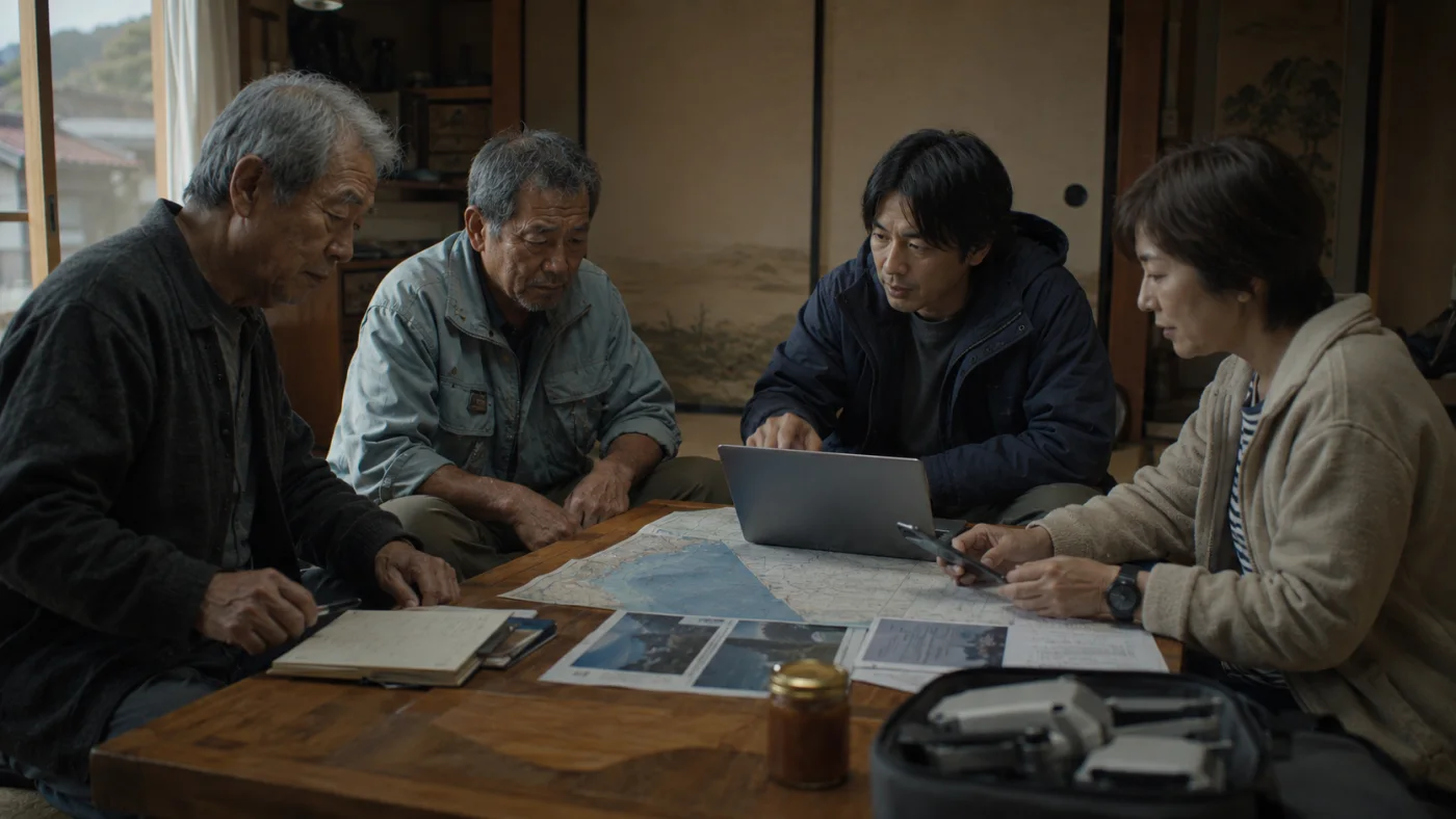 海図とドローンを囲み鬼島の計画を練る義雄と三人の協力者