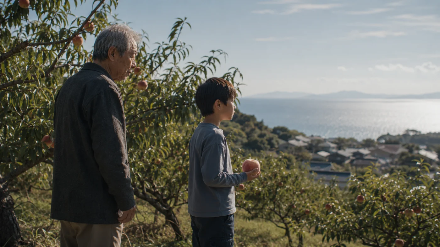 一年後の晴れた桃畑で桃の実を手に海を望む太朗と義雄