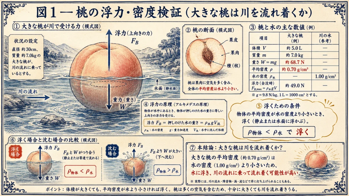 桃の浮力と密度を検証する図解