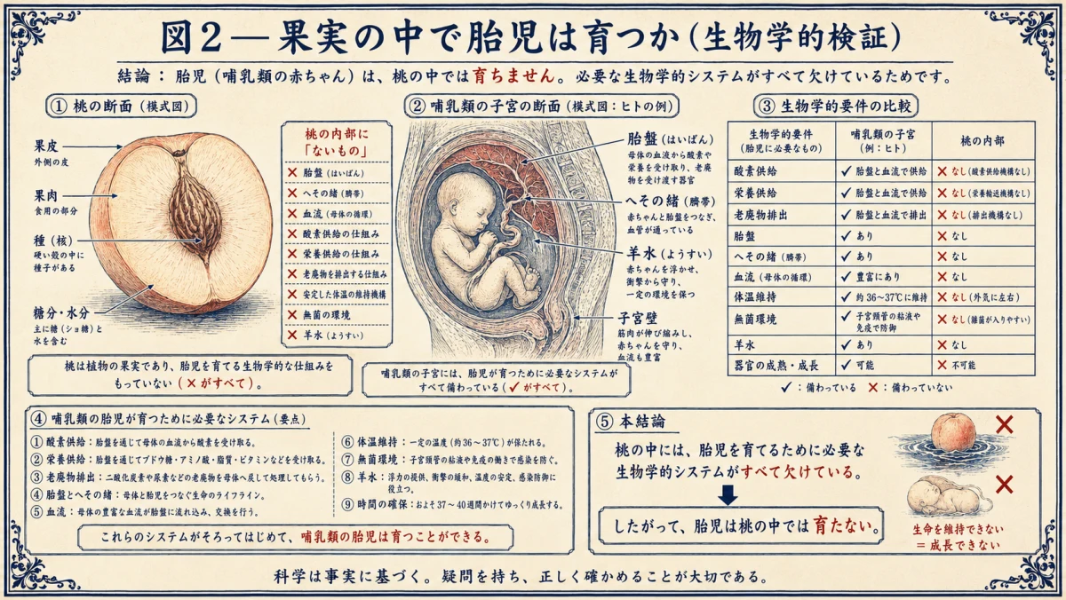 果実の内部で胎児が育つのかを生物学的に検証した図解