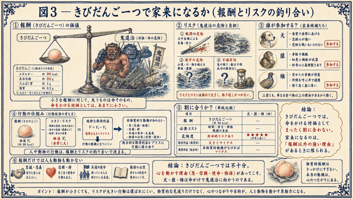 きびだんごの報酬と遠征リスクの釣り合いを分析した図解