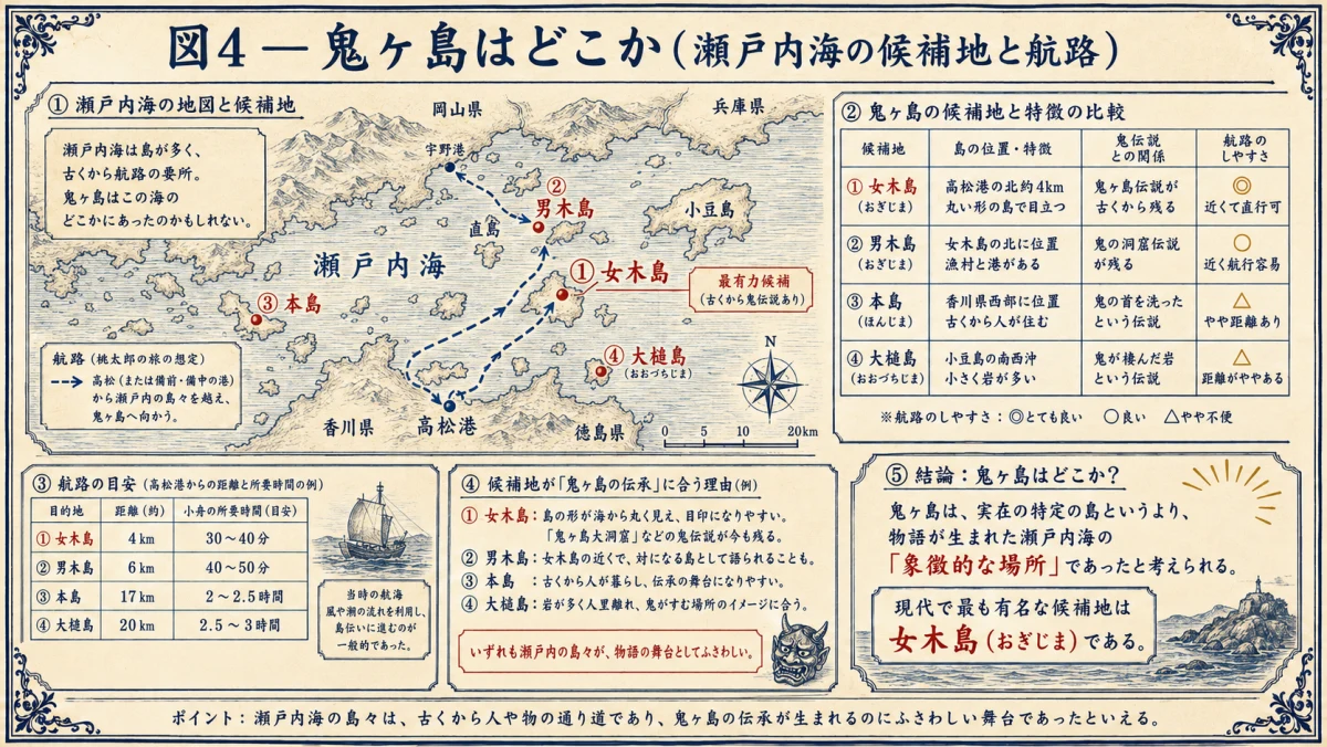鬼ヶ島の候補地と瀬戸内海の航路を示した地理図
