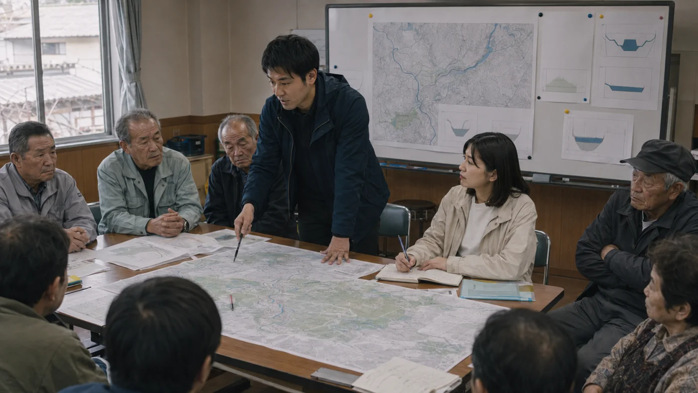 会議室で川の地図と遊水地の図面を前に八つの遊水地案を説く須佐と町議たち