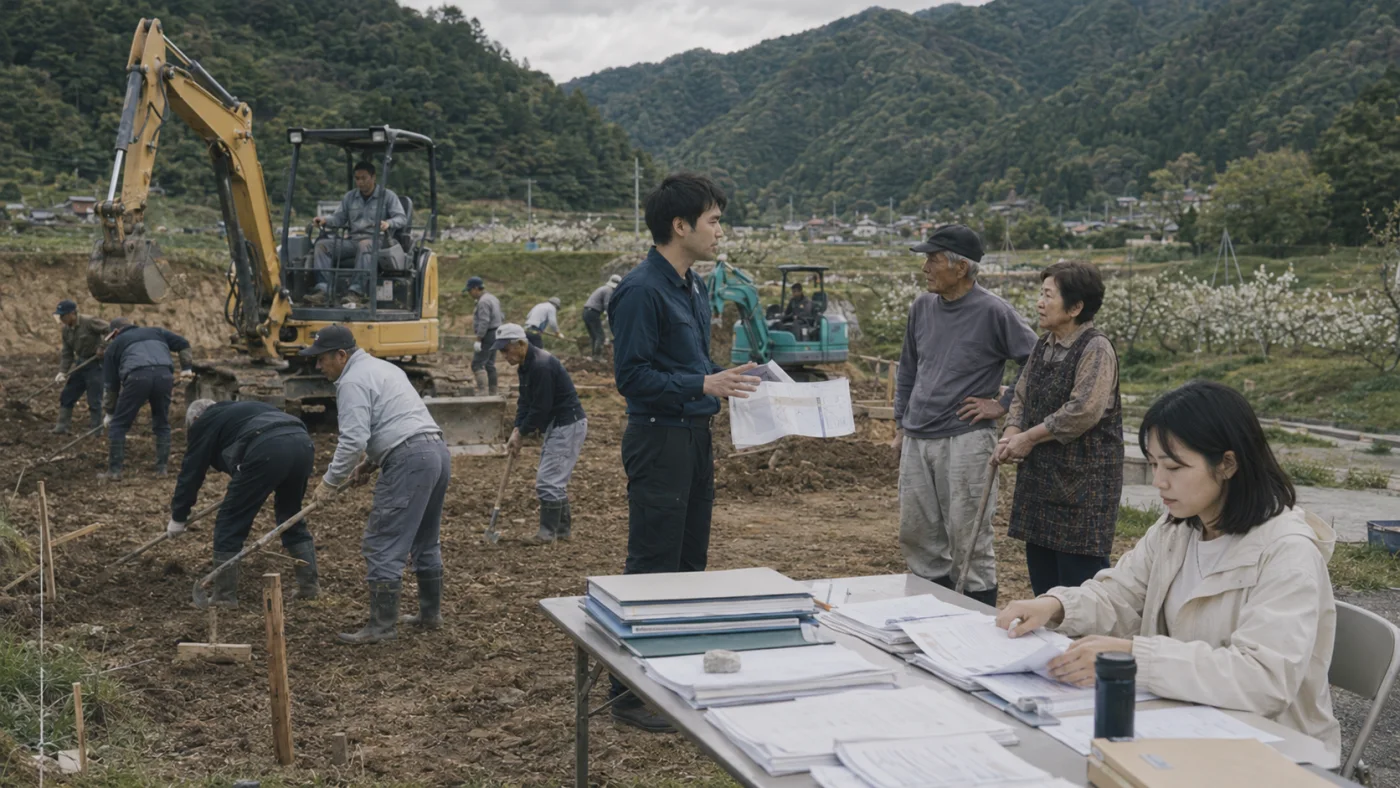 重機で遊水地を整備する集落の人々と、書類を整理する看護師の奈々