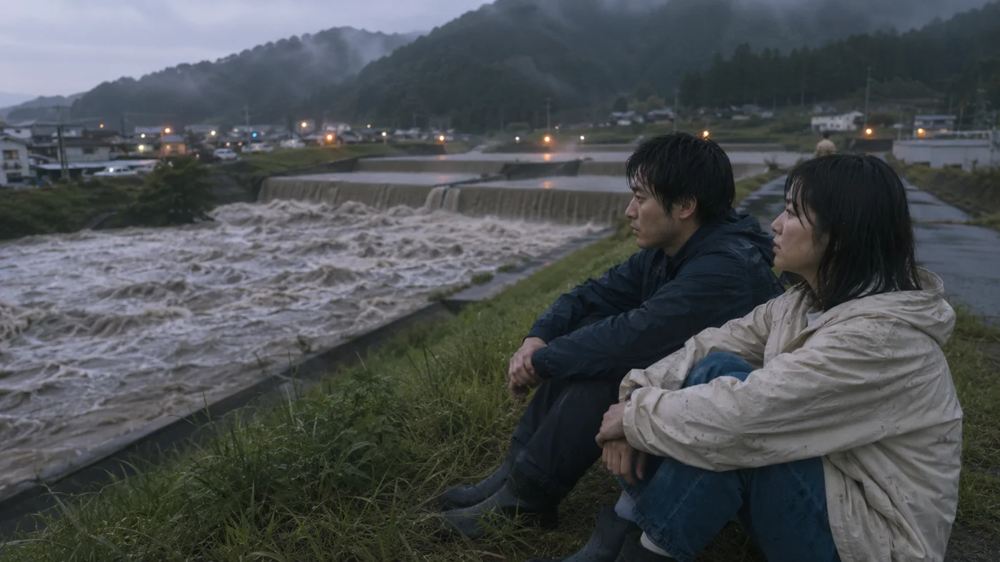 台風の濁流となった比河を望む土手に並んで座り夜明けを見る須佐と奈々