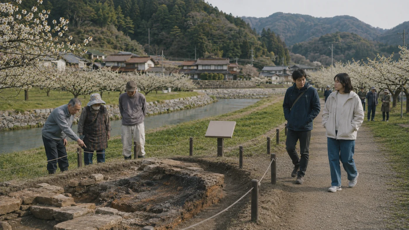梨の花咲くなか出土したたたら製鉄の遺構と遊水地を結ぶ歩道を歩く須佐と奈々
